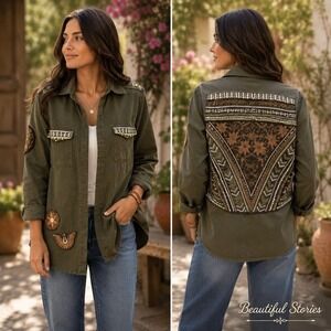 Beautiful Stories Jacket Women Large Olive Green Cotton Boho Embroidered Western